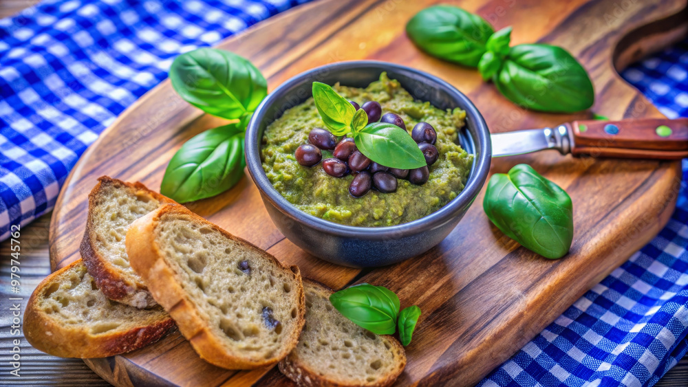 Delicious olive pâte in bowl garnished with black beans and fresh basil, served with slices of crusty bread on wooden board. perfect appetizer for gatherings! Delicious olive pâte in bowl garnished with black beans and fresh basil, served with slices of crusty bread on wooden board. perfect appetizer for gatherings!