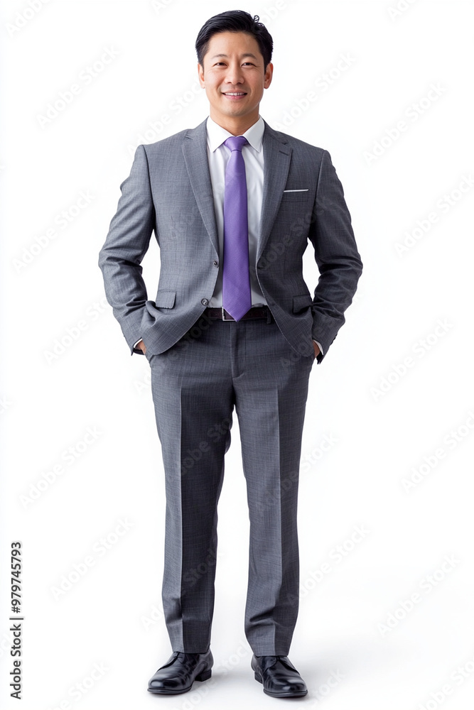 A confident Asian businessman in grey suit and purple tie stands with smile, exuding professionalism and approachability. His attire reflects modern business style, perfect for corporate settings A confident Asian businessman in grey suit and purple tie stands with smile, exuding professionalism and approachability. His attire reflects modern business style, perfect for corporate settings