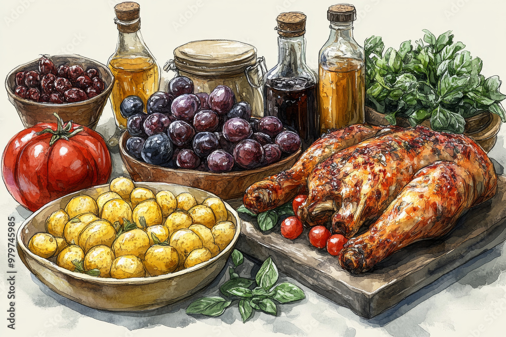 A table is set with a variety of food, including a roasted chicken, potatoes A table is set with a variety of food, including a roasted chicken, potatoes
