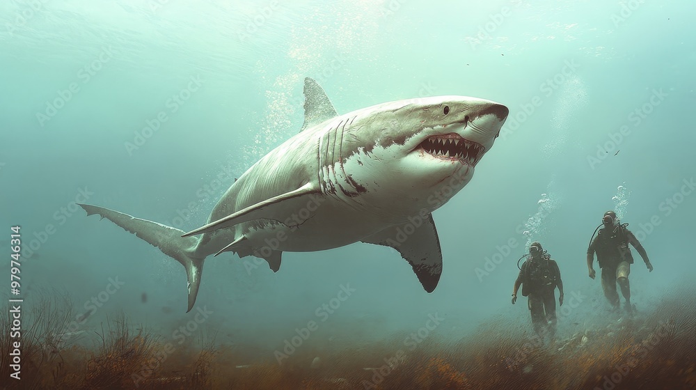 Three scuba divers encounter a great white shark while exploring the underwater world, symbolizing the thrill, danger, and beauty of the ocean. Three scuba divers encounter a great white shark while exploring the underwater world, symbolizing the thrill, danger, and beauty of the ocean.