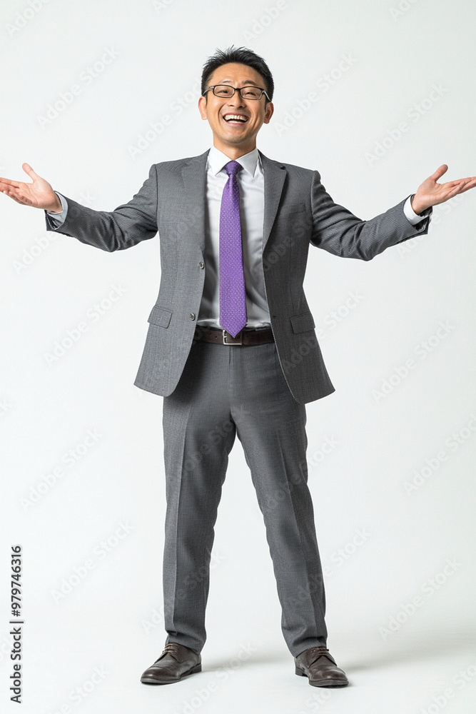 Smiling Asian businessman in grey suit with open arms, exuding confidence and positivity. His purple tie adds touch of vibrancy to professional look
