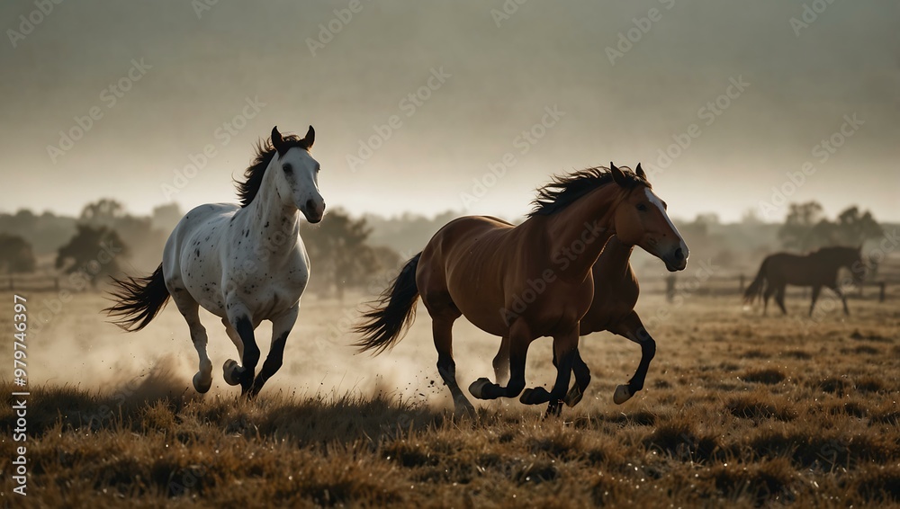 Horses running together in an open field. Horses running together in an open field.