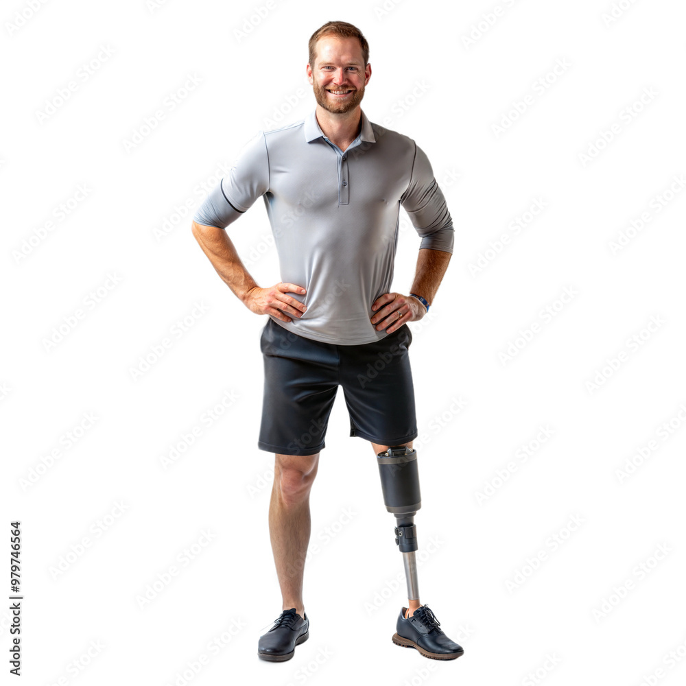 Smiling man with a prosthetic leg standing confidently on a black background, adult with mobility assistance. Smiling man with a prosthetic leg standing confidently on a black background, adult with mobility assistance.