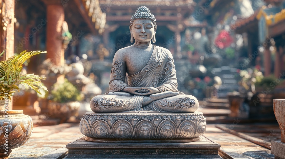 Buddha statue in ornate temple setting, classic oil painting with rich textures and warm-cool tones. Buddha statue in ornate temple setting, classic oil painting with rich textures and warm-cool tones.