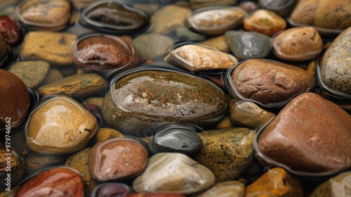 smooth river rocks shining in the water generative ai