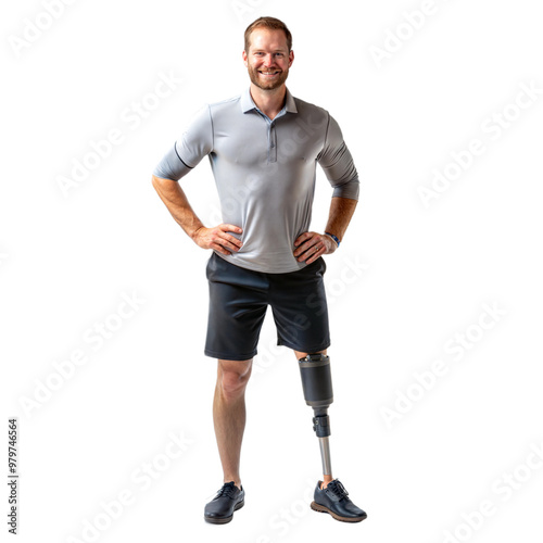 Smiling man with a prosthetic leg standing confidently on a black background, adult with mobility assistance. photo