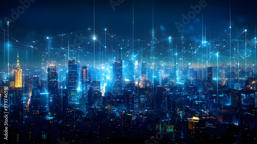 A Nighttime Digital Network Connecting City Buildings in a Futuristic Illustration