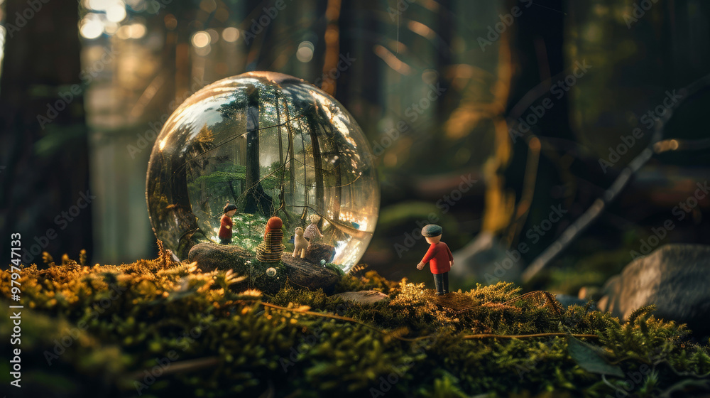 In a dark forest at night, a large transparent glass sphere lies on moss, inside which miniature children play on the edge of a tiny forest, reflection on half of the sphere In a dark forest at night, a large transparent glass sphere lies on moss, inside which miniature children play on the edge of a tiny forest, reflection on half of the sphere