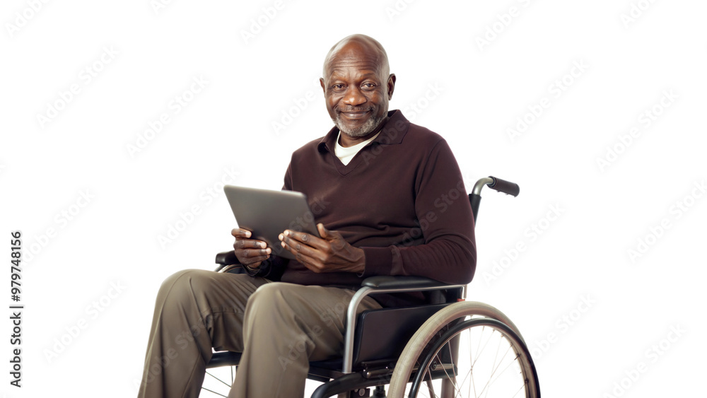 Smiling elderly man in a wheelchair using a tablet on a black background, symbol of assistive technology and accessibility.