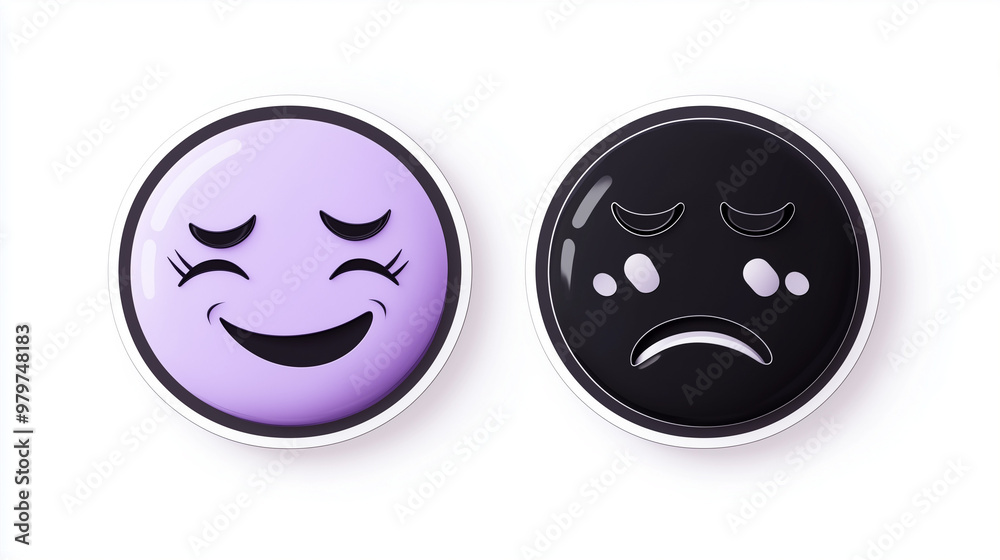 Fototapeta premium 3d stickers in the form of smiley faces with opposite emotions, one happy, the other sad, matte surface, high detail, round shapes, various colors