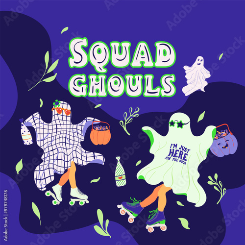 Halloween graphic elements and hilarious lettering text set - pumpkins, ghosts in the sheet, pumpkin, candies, leaves isolated. Hand drawn bundle. Vector illustration eps10.