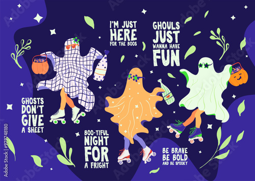 Halloween graphic elements and hilarious lettering text set - pumpkins, ghosts in the sheet, pumpkin, candies, leaves isolated. Hand drawn bundle. Vector illustration eps10.