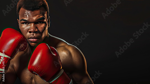 Portrait of a young male boxer in a fighting stance on black background. Young man doing boxing exercise.