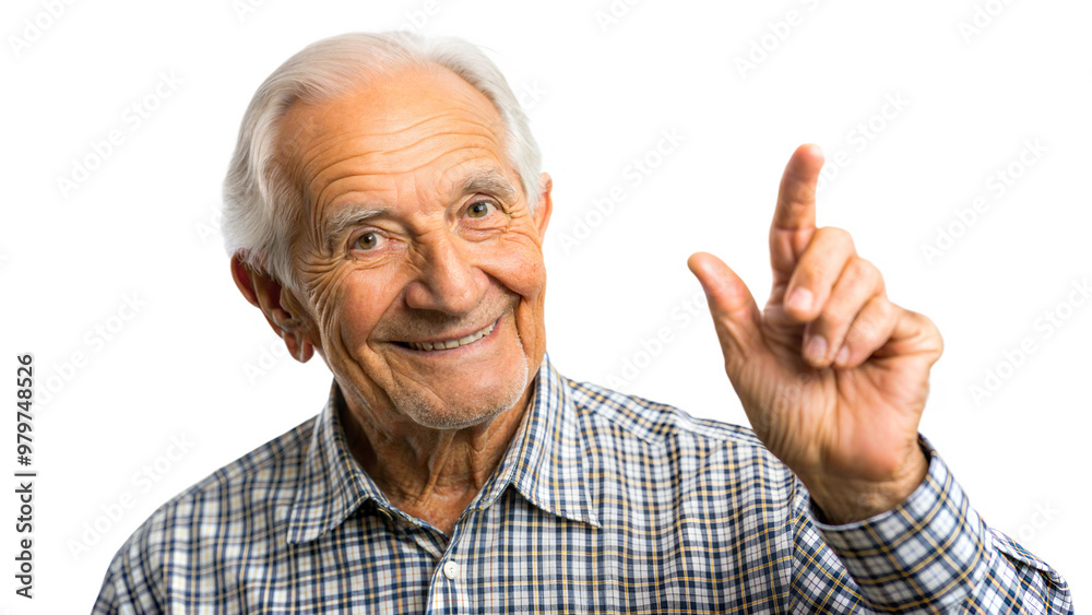 Smiling elderly man pointing upwards on a black background, symbol of positivity and joy in old age. Smiling elderly man pointing upwards on a black background, symbol of positivity and joy in old age.