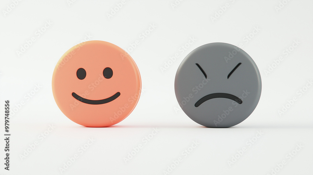 Fototapeta premium 3d stickers in the form of smiley faces with opposite emotions, one happy, the other sad, matte surface, high detail, round shapes, various colors