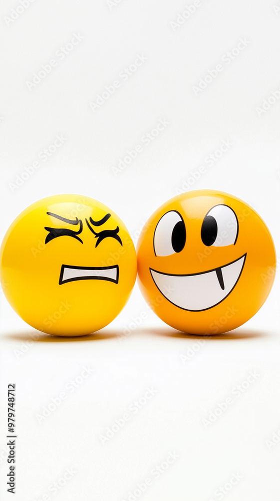 3d stickers in the form of smiley faces with opposite emotions, one happy, the other sad, matte surface, high detail, round shapes, various colors 3d stickers in the form of smiley faces with opposite emotions, one happy, the other sad, matte surface, high detail, round shapes, various colors