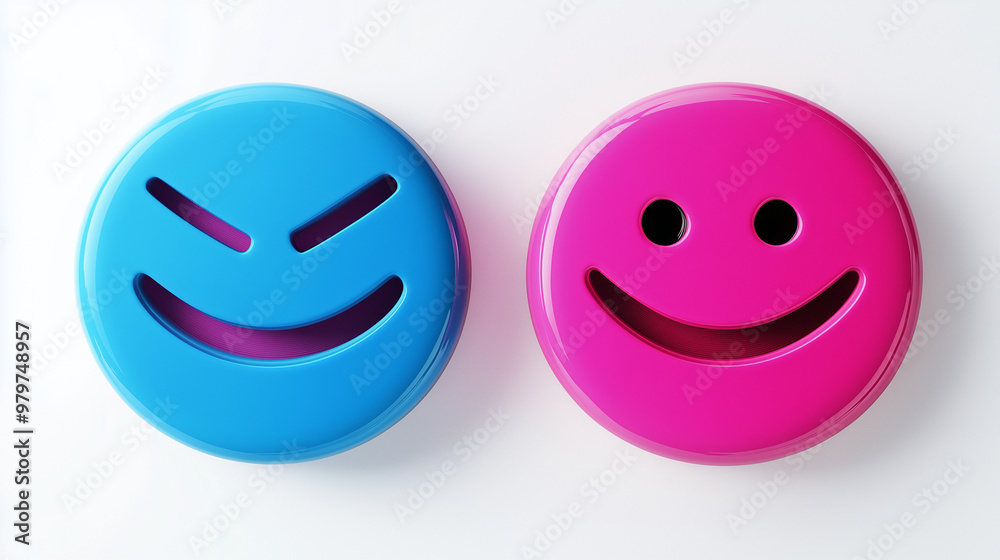 Fototapeta premium 3d stickers in the form of smiley faces with opposite emotions, one happy, the other sad, matte surface, high detail, round shapes, various colors