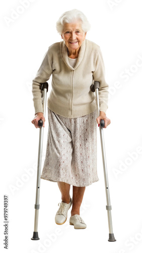 Elderly woman walking with crutches on a black background, symbol of mobility aid and support. photo