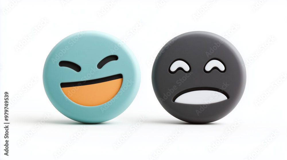 3d stickers in the form of smiley faces with opposite emotions, one happy, the other sad, matte surface, high detail, round shapes, various colors 3d stickers in the form of smiley faces with opposite emotions, one happy, the other sad, matte surface, high detail, round shapes, various colors
