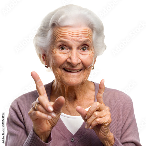 Elderly woman smiling and holding up two fingers, representing peace and happiness in old age. photo