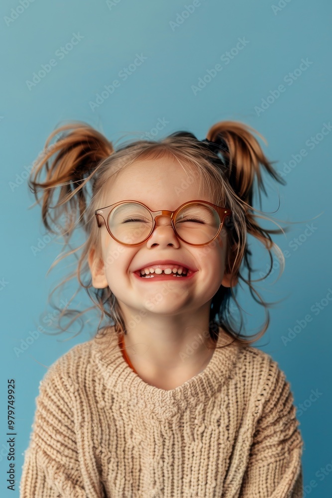 Joyful child in glasses smiling brightly on blue background wearing cozy sweater Joyful child in glasses smiling brightly on blue background wearing cozy sweater