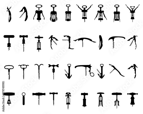 Set of black silhouette of corkscrews on the background	