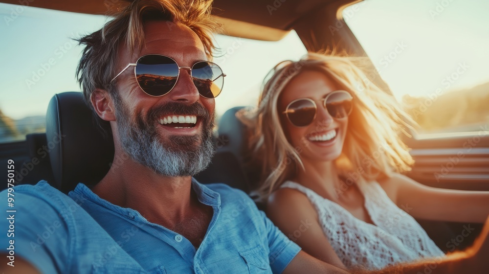A joyful couple enjoys a sunny drive, wearing sunglasses and smiling, showcasing happiness and connection in a carefree moment A joyful couple enjoys a sunny drive, wearing sunglasses and smiling, showcasing happiness and connection in a carefree moment