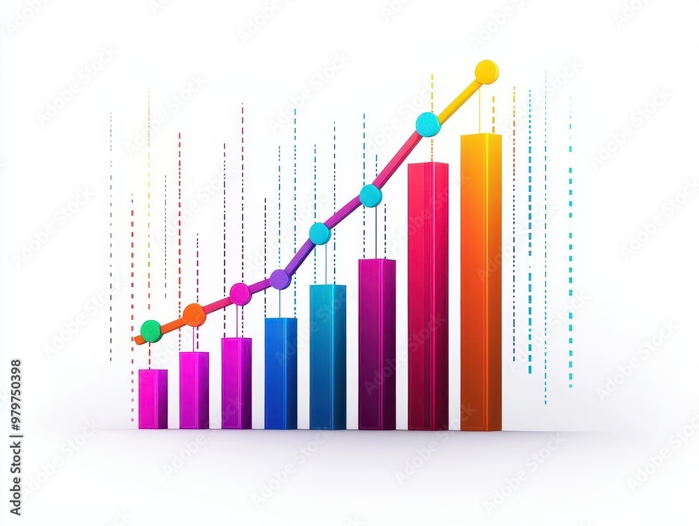 Modern financial chart with an upward trendline, colorful data points representing market growth Modern financial chart with an upward trendline, colorful data points representing market growth