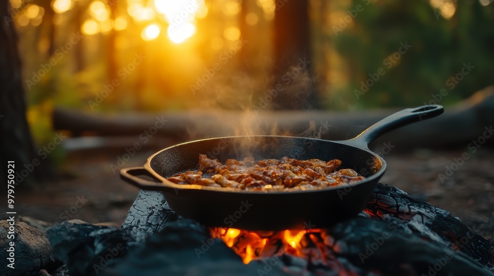 A skillet with sizzling food simmers over an open fire in a forest, illuminated by the warm glow of sunset, creating a cozy outdoor cooking scene A skillet with sizzling food simmers over an open fire in a forest, illuminated by the warm glow of sunset, creating a cozy outdoor cooking scene