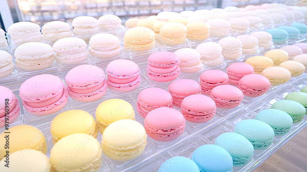 Fototapeta premium Many colorful macarons on the shelf for sale in the mall