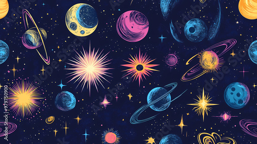 Seamless pattern cosmic elements. Cool Colors. Illustration