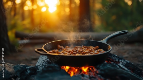 A skillet with sizzling food simmers over an open fire in a forest, illuminated by the warm glow of sunset, creating a cozy outdoor cooking scene