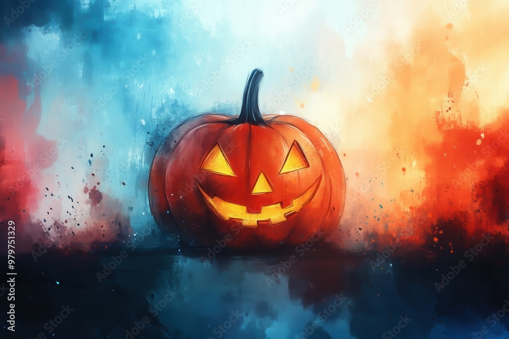 Fototapeta premium A glowing jack-o'-lantern sits against a colorful, abstract background, evoking the Halloween spirit with its friendly and spooky charm