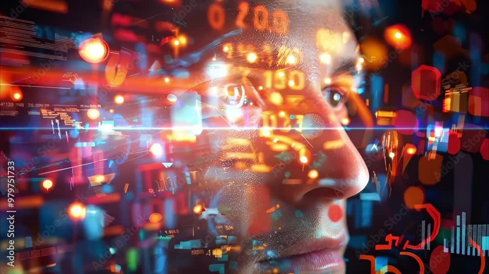 A close-up of a person's face superimposed with digital code and binary numbers, suggesting themes of technology and data. A close-up of a person's face superimposed with digital code and binary numbers, suggesting themes of technology and data.