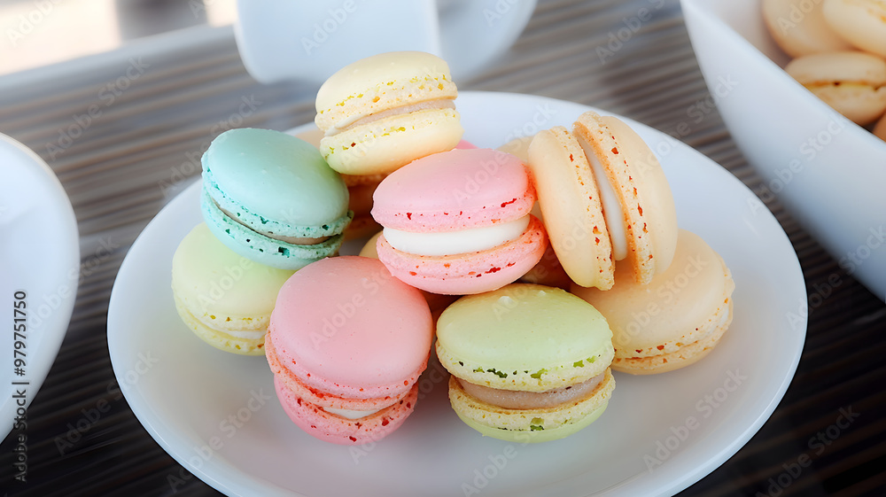 Fototapeta premium Many colorful macarons on the shelf for sale in the mall