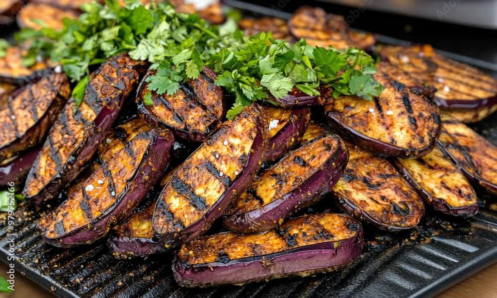 This delightful preparation shows perfectly grilled eggplant slices garnished with fresh herbs, showcasing a colorful culinary experience outdoors during a sunny afternoon This delightful preparation shows perfectly grilled eggplant slices garnished with fresh herbs, showcasing a colorful culinary experience outdoors during a sunny afternoon