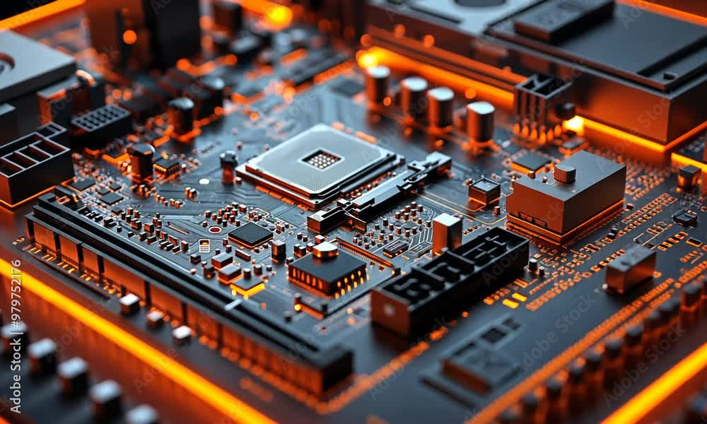 Closeup of a Circuit Board with Orange Glowing Lights Closeup of a Circuit Board with Orange Glowing Lights