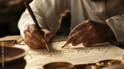 Egyptian Calligrapher Writing Arabic Script with Traditional Tools photo