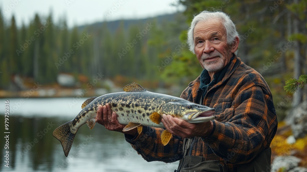 Proud elderly male angler holding a large northern pike on the shore of a remote lake surrounded by pine trees, wearing a thick flannel jacket and worn boots Proud elderly male angler holding a large northern pike on the shore of a remote lake surrounded by pine trees, wearing a thick flannel jacket and worn boots