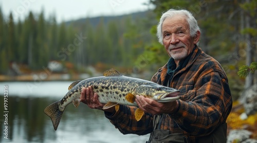 Proud elderly male angler holding a large northern pike on the shore of a remote lake surrounded by pine trees, wearing a thick flannel jacket and worn boots