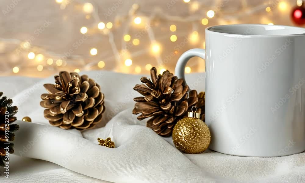 A warm and inviting holiday arrangement features a blank mug surrounded by pine cones and golden ornaments, creating a festive ambiance perfect for winter celebrations A warm and inviting holiday arrangement features a blank mug surrounded by pine cones and golden ornaments, creating a festive ambiance perfect for winter celebrations