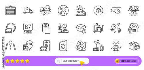 Fuel price, Fake news and Truck parking line icons for web app. Pack of Helicopter, Airport transfer, Parking garage pictogram icons. Ship travel, Search flight, Lighthouse signs. Search bar. Vector