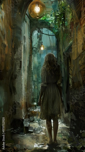 Wallpaper Mural A woman walks down a narrow, overgrown alleyway with a few lanterns hanging overhead, casting an eerie glow. Torontodigital.ca