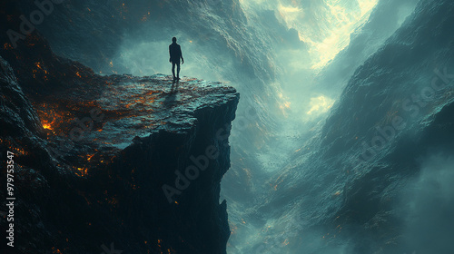 Lone figure stands at the edge of a crumbling cliff