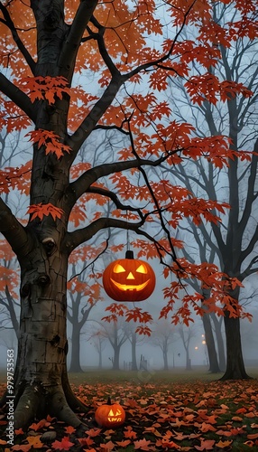 Autumn maple with red leaves and a jack-o-lantern hanging from a branch, Halloween