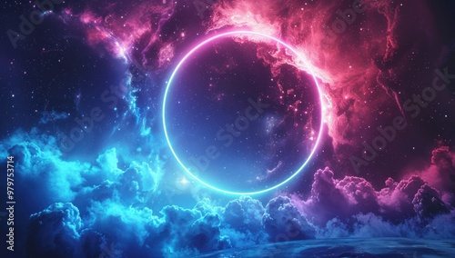 Cosmic Glow: A neon ring illuminates a celestial landscape