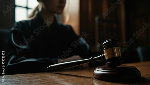 A person sitting at the table, with their hand on top of a gavel in front of them, background blurred, focus on the judge's face and the wooden context of the blurred wooden desk Generative AI