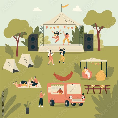 Musical Festival with People Dance and Listen to Music Outdoor Vector Illustration