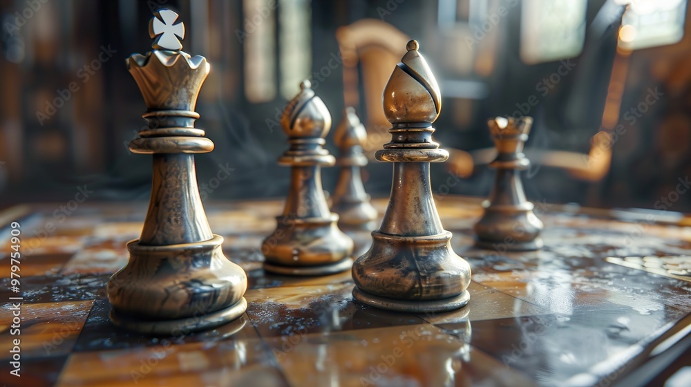 Closeup of chess pieces on a chessboard with a blurred background. Closeup of chess pieces on a chessboard with a blurred background.