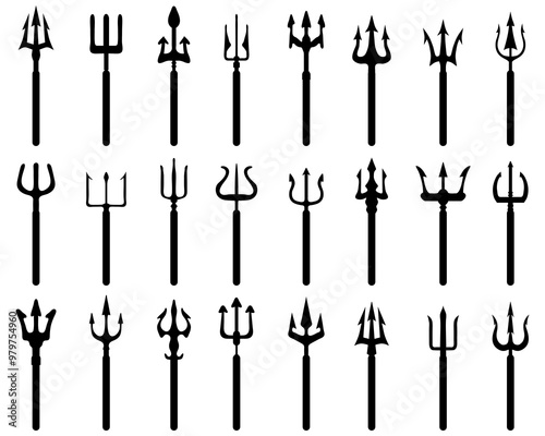 Set of tridents, black silhouettes on a white background	 photo